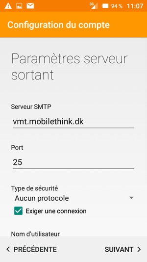 Saisissez l'adresse du serveur sortant