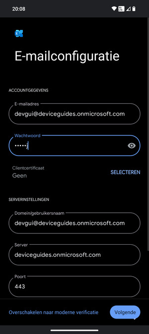 Voer Gebruikersnaam en Exchange serveradres in. Selecteer Volgende