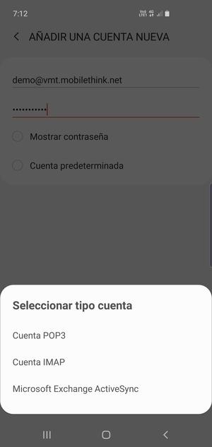 Seleccione Cuenta POP3 o Cuenta IMAP
