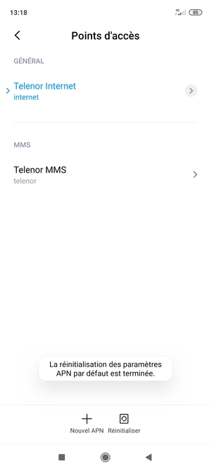 Votre téléphone va être réinitialisé avec les paramètres Internet et MMS par défaut