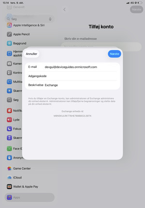 Indtast dine Exchange e-mail-oplysninger og vælg Næste