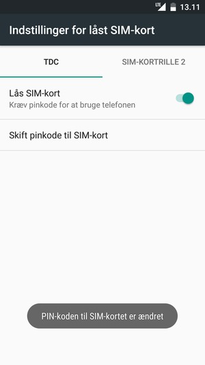 Din PIN-kode til SIM-kortet er nu ændret