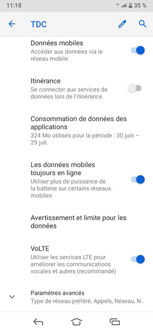 Pour changer de réseau en cas de problèmes de réseau, faites défiler et sélectionnez Paramètres avancés