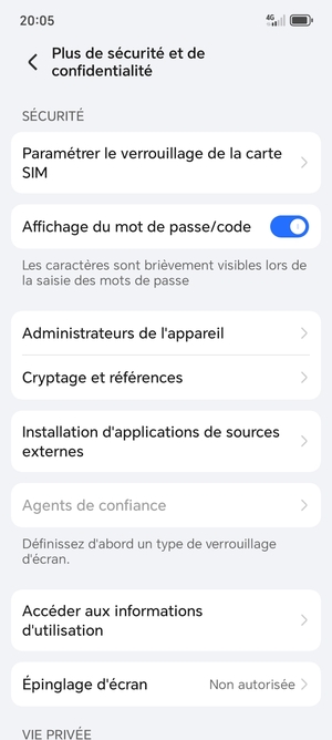 Sélectionnez Paramètres le  verrouillage de la carte SIM