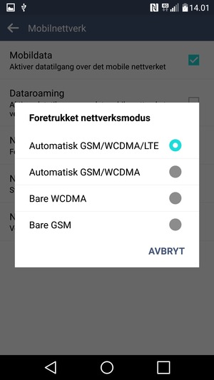 Velg Bare GSM for å aktivere 2G