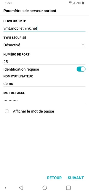 Saisissez l'adresse du serveur sortant