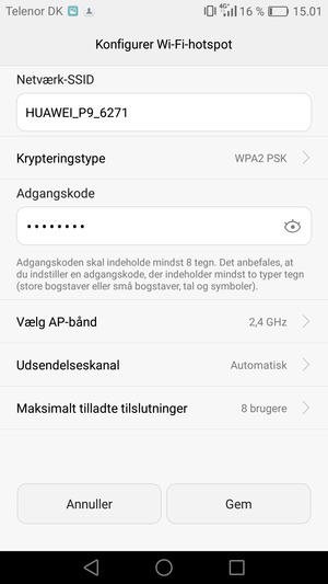 Indtast en Wi-Fi-hotspot adgangskode på minimum 8 tegn og vælg Gem