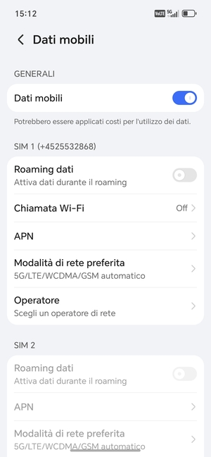 Scorri fino a SIM 1 o SIM 2 e seleziona Modalità di rete preferita