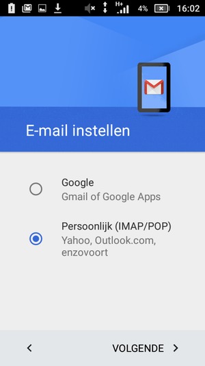 Selecteer Persoonlijk (IMAP/POP) en selecteer vervolgens VOLGENDE