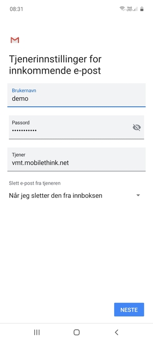 Skriv inn Brukernavn og innkommende serveradresse. Velg NESTE