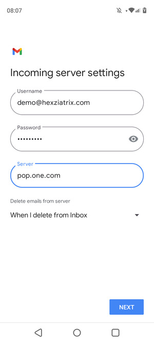 Enter Username and Incoming server address. Select NEXT