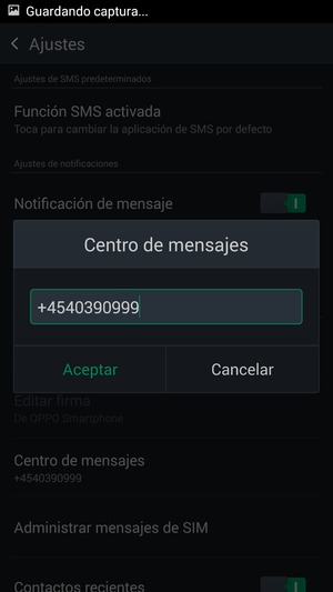 Introduzca el número de Centro de mensajes y seleccione Aceptar