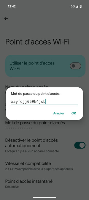 Saisissez un mot de passe de hotspot Wi-Fi d'au moins 8 caractères et sélectionnez OK