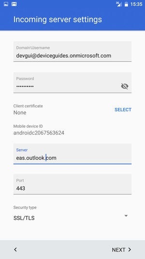 Enter Username and Exchange server address. Select NEXT