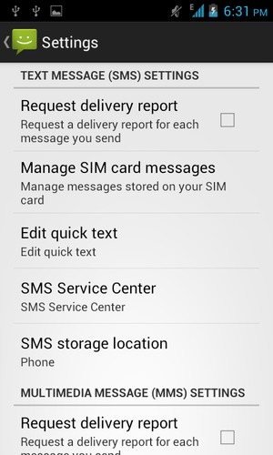Scroll to and select SMS Service Center