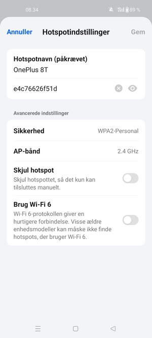 Indtast en Wi-Fi-hotspot adgangskode på minimum 8 tegn og vælg Gem