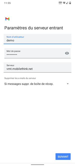 Saisissez votre Nom d'utilisateur et l'adresse du serveur entrant. Sélectionnez SUIVANT