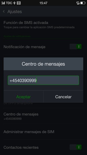 Introduzca el número de Centro de mensajes y seleccione Aceptar