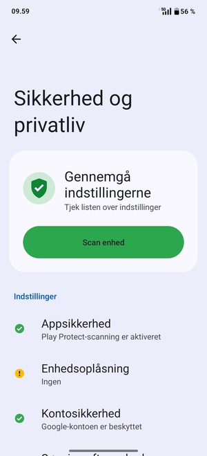 For at aktivere din skærmlås, gå til menuen Sikkerhed og privatliv og vælg Enhedsoplåsning