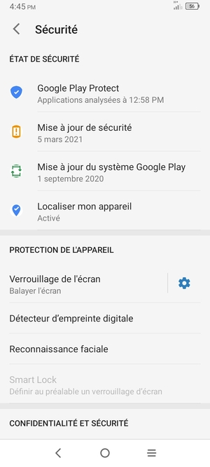 Pour activer votre verrouillage d'écran, retournez au menu Sécurité et appuyez sur Verrouillage de l'écran