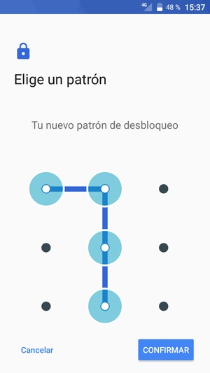 Dibuje de nuevo el patrón de desbloqueo y seleccione CONFIRMAR