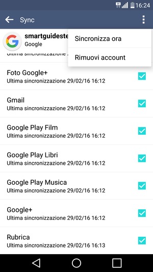 Seleziona il tasto Menu e poi Sincronizza ora