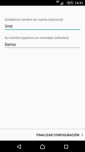 Déle a su cuenta un nombre y escriba su nombre. Seleccione FINALIZAR CONFIGURACIÓN