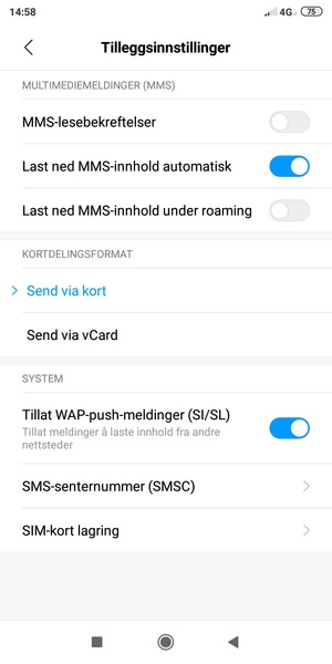 Velg SMS-senternummer (SMSC)