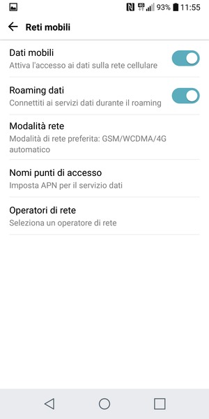 Attiva o disattiva Roaming dati
