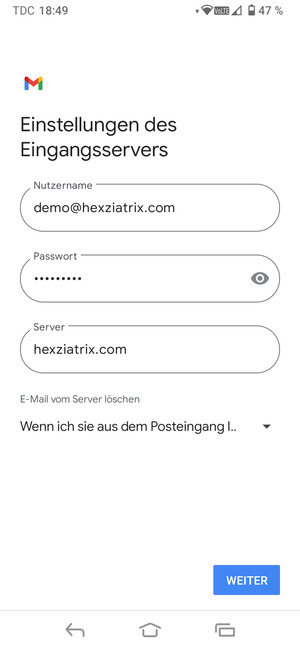 Geben Sie Benutzername und die Server-Adresse für eingehende Post ein. Wählen Sie WEITER