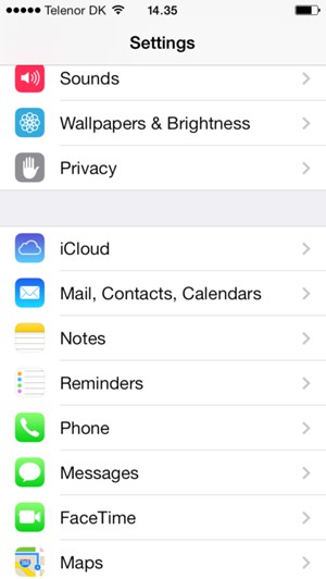 Scroll to and select Mail, Contacts, Calendars