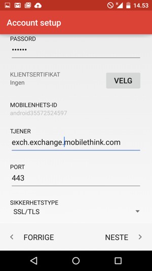 Bla ned og skriv inn Exchange serveradresse. Velg NESTE