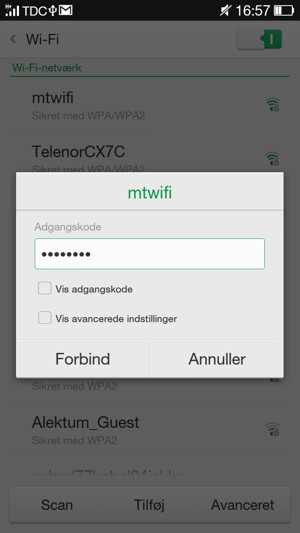 Indtast Wi-Fi adgangskoden og vælg Forbind