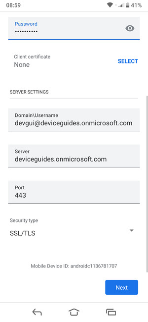 Enter Username and Exchange server address. Select Next