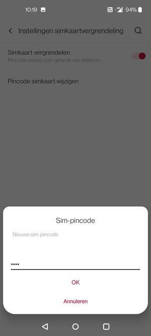 Voer uw Nieuwe sim-pincode in en selecteer OK