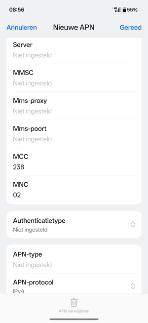 Scroll naar beneden en voer mms-gegevens in