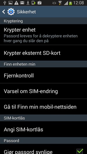 For å aktivere skjermlåsen, gå til Sikkerhet-menyen og velg Krypter enhet