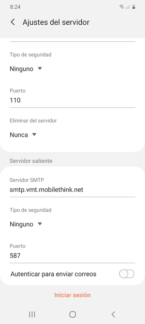 Desactive Autenticar para enviar correos y seleccione Iniciar sesión