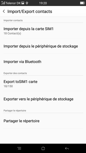 Sélectionnez Importer depuis la carte SIM1 ou Importer depuis la carte SIM2