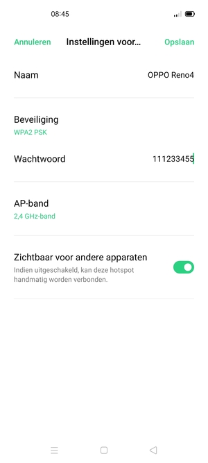 Voer een wachtwoord van een WiFi-hotspot in van ten minste 8 tekens en selecteer Opslaan