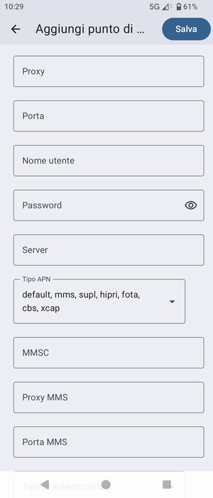Scorri e seleziona Tipo APN