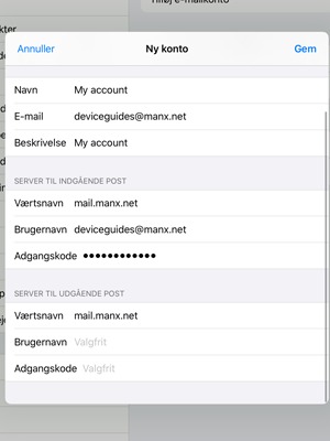 Indtast e-mail-oplysninger for SERVER TIL UDGÅENDE POST og vælg Gem