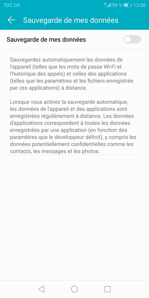 Activer le Sauvegarde de mes données