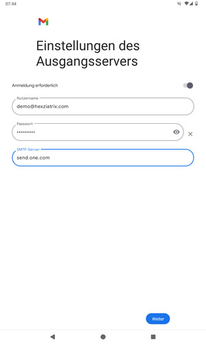 Geben Sie die Server-Adresse für ausgehende Post ein und wählen Sie Weiter