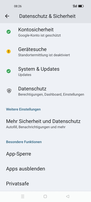Scrollen Sie und wählen Sie Mehr Sicherheit und Datenschutz