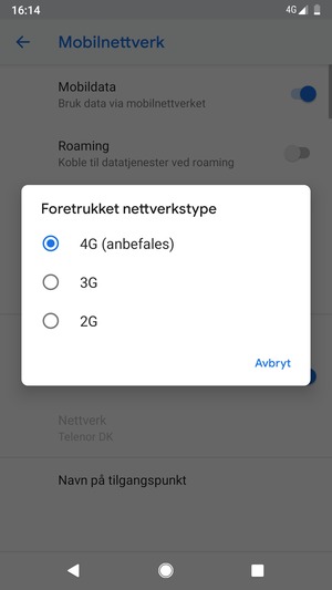 Velg ønsket alternativ
