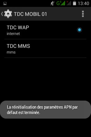 Votre téléphone va être réinitialisé avec les paramètres Internet et MMS par défaut