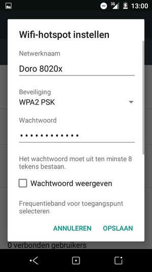 Voer een wachtwoord van een WiFi-hotspot in van ten minste 8 tekens en selecteer OPSLAAN