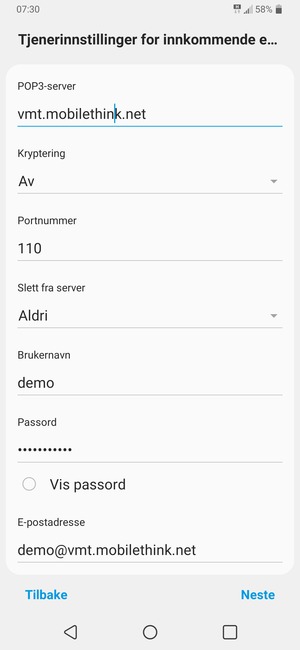 Skriv inn Innkommende serveradresse og Brukernavn. Velg Neste