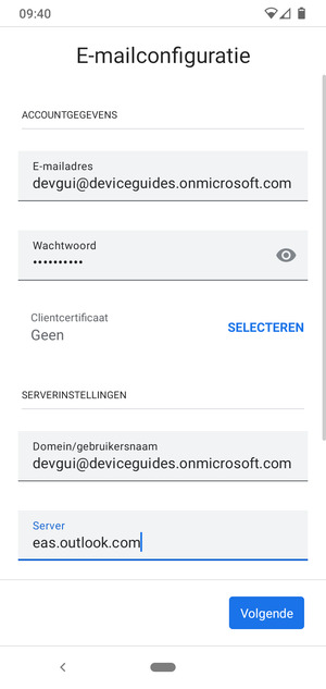 Voer Gebruikersnaam en Exchange serveradres in. Selecteer Volgende
